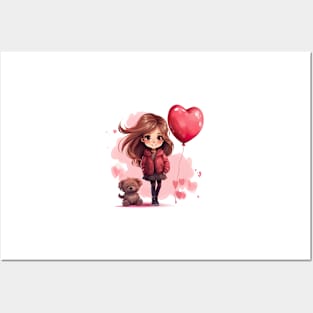 Cute girl and puppy with valentines balloon Posters and Art